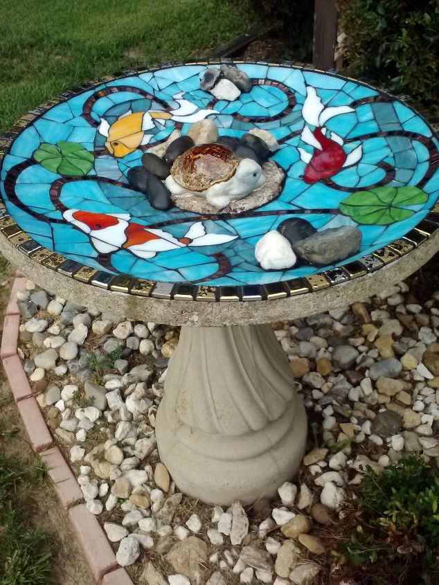 mosaic redo on damaged birdbath, concrete masonry, outdoor living, pets animals