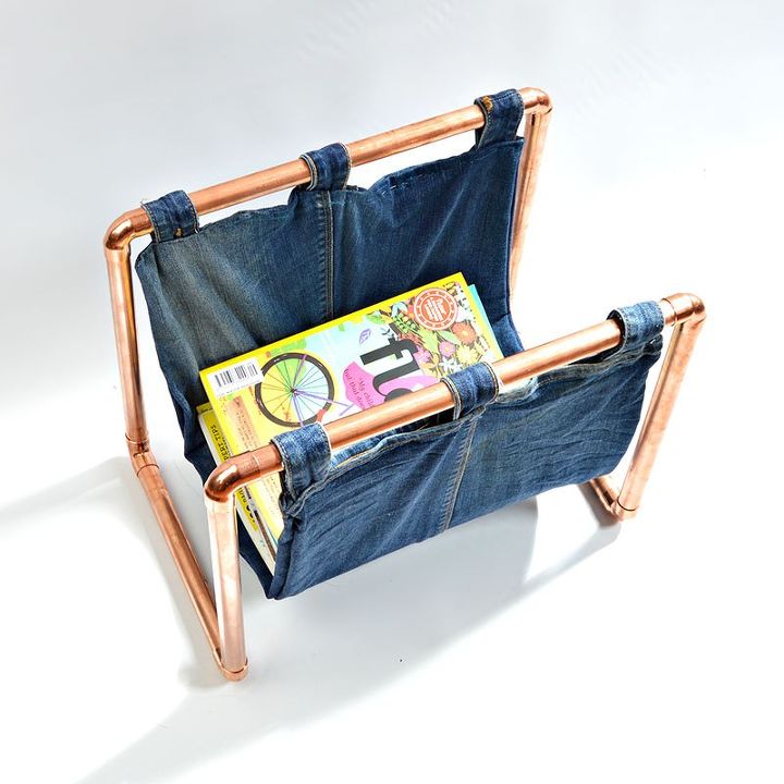 diy upcycled denim and copper magazine rack, crafts, how to, repurposing upcycling