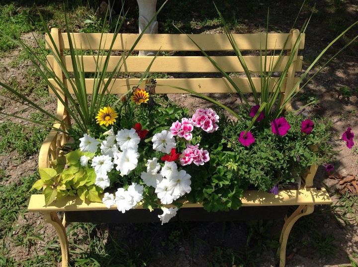 garden bench to planter, container gardening, flowers, gardening, outdoor furniture