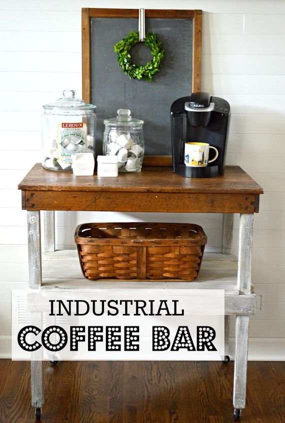 industrial work bench turned coffee bar, how to, outdoor furniture, outdoor living, painted furniture, repurposing upcycling