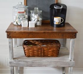 industrial work bench turned coffee bar, how to, outdoor furniture, outdoor living, painted furniture, repurposing upcycling