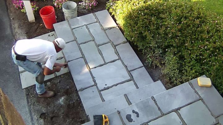 updating front entrance with flagstone, concrete masonry, curb appeal, landscape, stairs, Grouting the flagstone