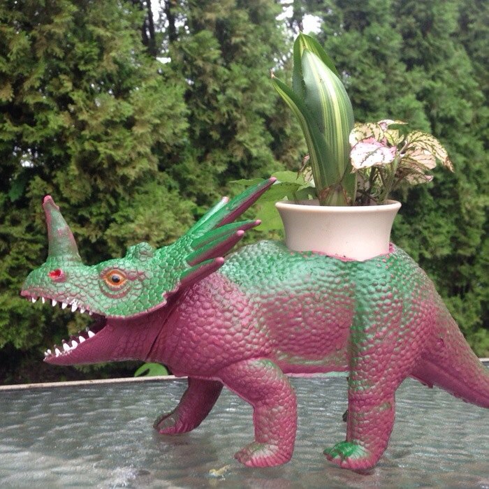 dinosaur planter, container gardening, gardening, repurposing upcycling