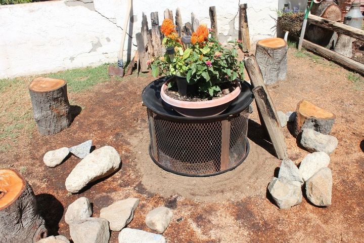 fire pit garden feature, container gardening, flowers, gardening, outdoor living