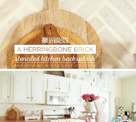 a herringbone brick stenciled kitchen backsplash