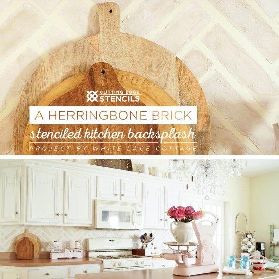 a herringbone brick stenciled kitchen backsplash