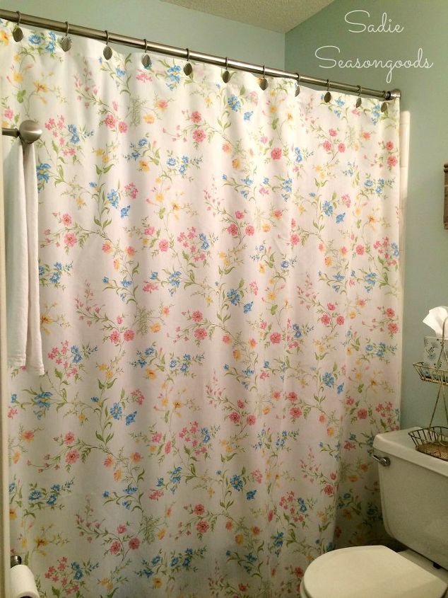 vintage bed sheet diy shower curtain, bathroom ideas, crafts, how to, repurposing upcycling, reupholster