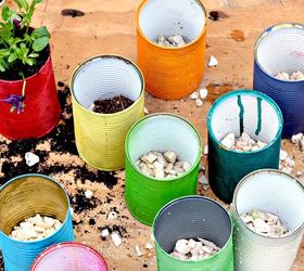 how to make colorful planters from cans in a wooden trough, gardening, how to, pallet, repurposing upcycling