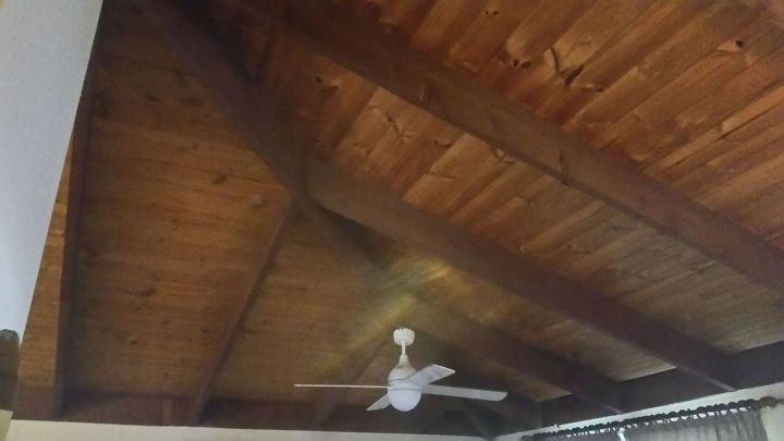 transform dark ceiling beams on raked ceiling, living room