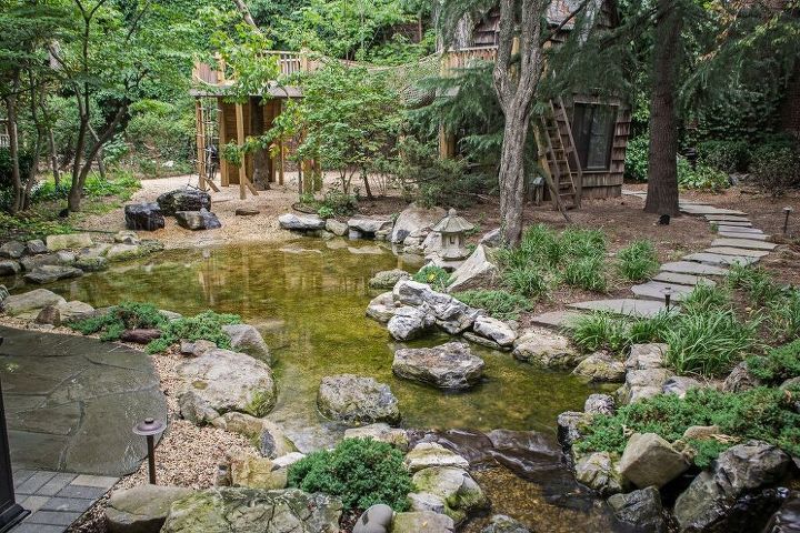 natural playscapes pond and playground oasis in city backyard, outdoor living, ponds water features, Natural Playscape with Pond