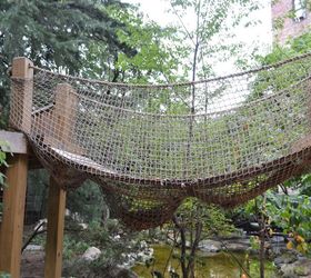 natural playscapes pond and playground oasis in city backyard, Backyard Rope Bridge