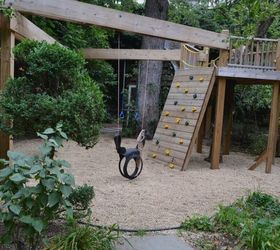 natural playscapes pond and playground oasis in city backyard, Home Rock Climbing Wall