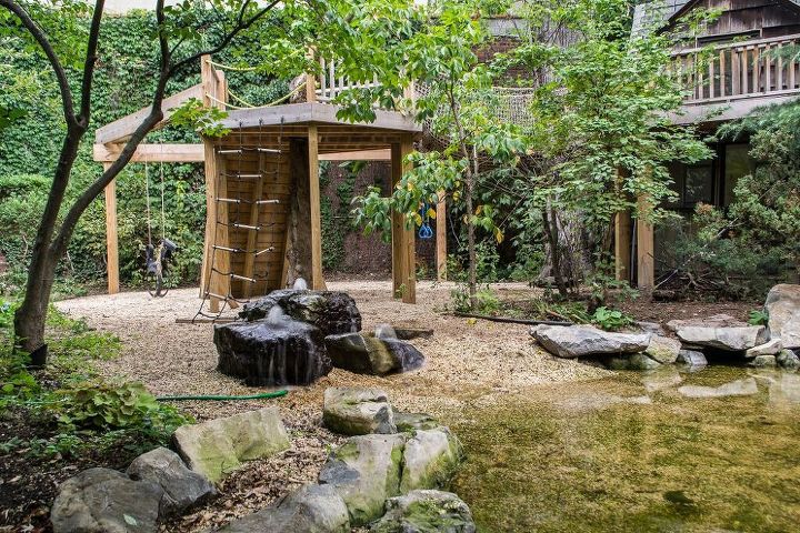 natural playscapes pond and playground oasis in city backyard, Rope Ladder