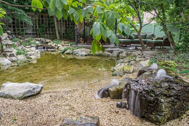 natural playscapes pond and playground oasis in city backyard, Bluestone Patio