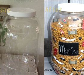 repurposed plastic pretzel containers to pet food containers, chalkboard paint, crafts, decoupage, pets animals, repurposing upcycling, storage ideas