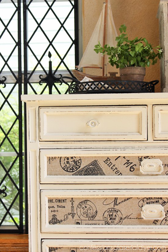 fabric inlaid dresser, painted furniture, repurposing upcycling, reupholster