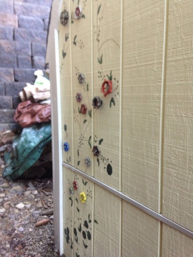 flower art on shed wall with repurposed faucets, crafts, gardening, how to, outdoor living, repurposing upcycling, wall decor