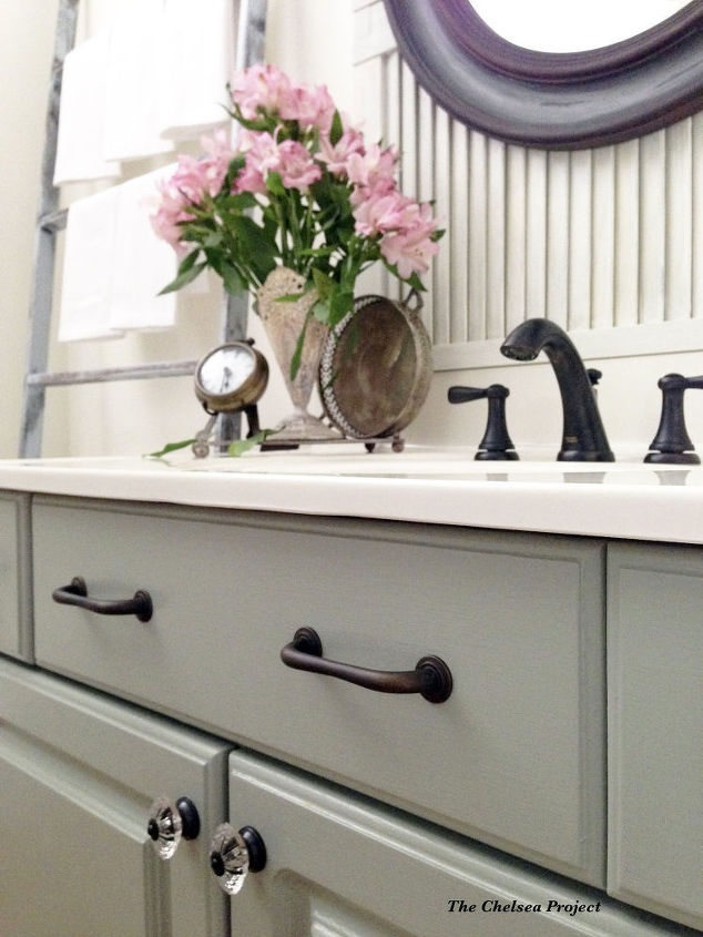 melamine powder room vanity makeover without stripping sanding or pr, bathroom ideas, chalk paint, repurposing upcycling