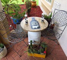 diy milk can table, outdoor furniture, painted furniture