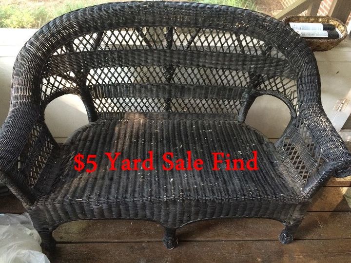 diy picnic table cloth outdoor pillows garage sale wicker upcycle, diy, outdoor living, painted furniture, repurposing upcycling