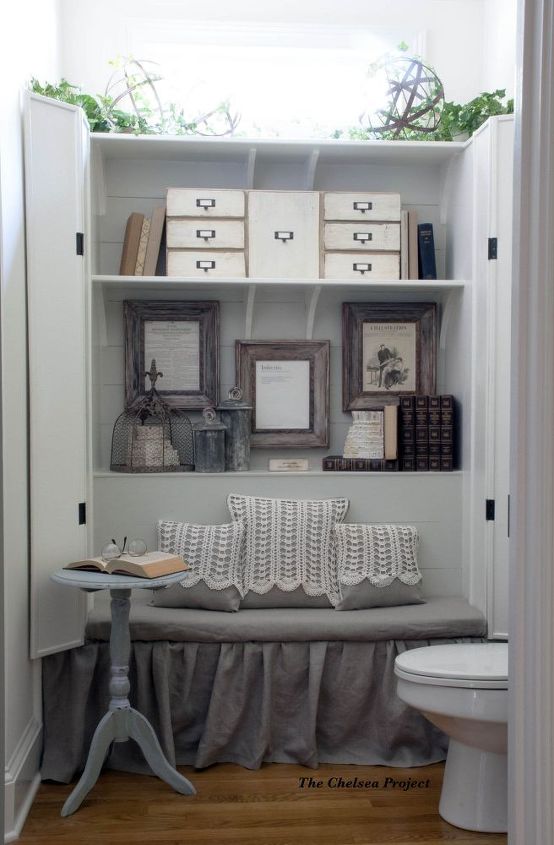 powder room reveal bookcase built to conceal outdated tub shower, bathroom ideas, diy, home decor, repurposing upcycling, shelving ideas