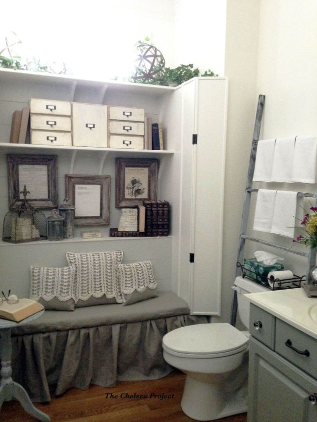 powder room reveal bookcase built to conceal outdated tub shower, bathroom ideas, diy, home decor, repurposing upcycling, shelving ideas