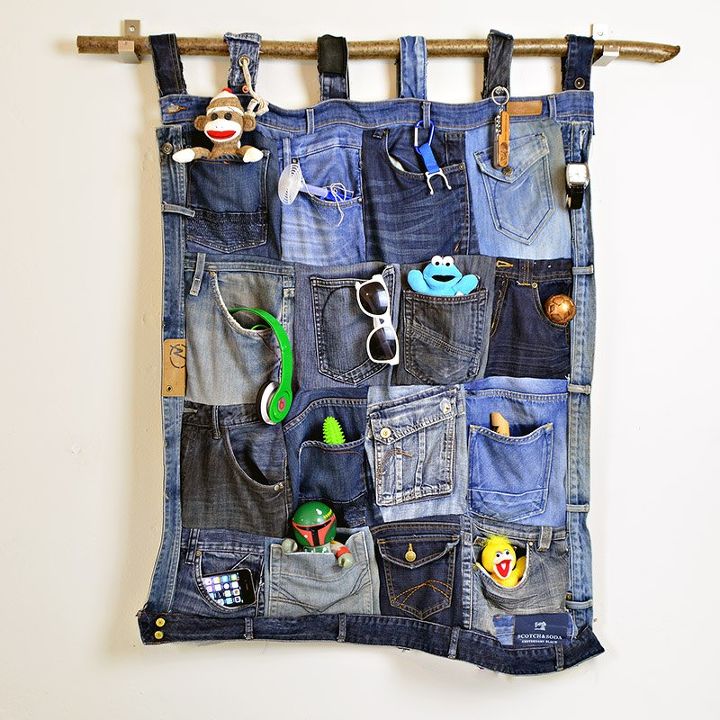 wall pocket organizer from old jeans, bedroom ideas, organizing, repurposing upcycling, storage ideas
