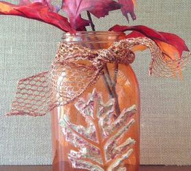 stenciled dimensional leaf mason jars, crafts, home decor, mason jars, seasonal holiday decor