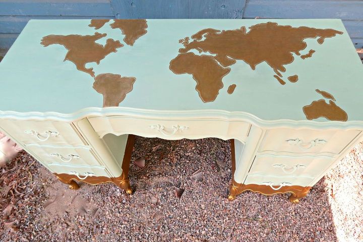diy map desk with metallic gold paint painted furniture, crafts, painted furniture