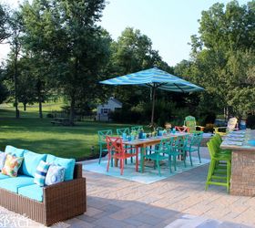 turquoise and coral outdoor patio living space, landscape, outdoor living, patio