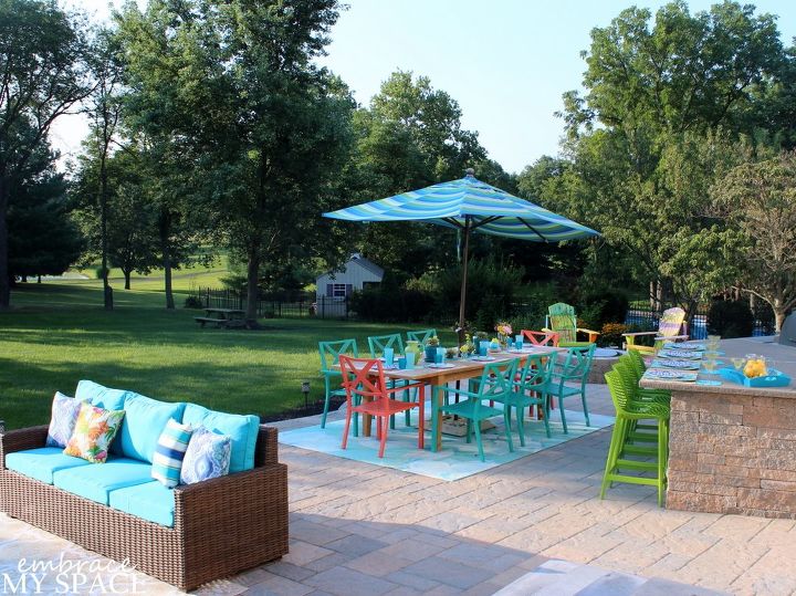 turquoise and coral outdoor patio living space, landscape, outdoor living, patio