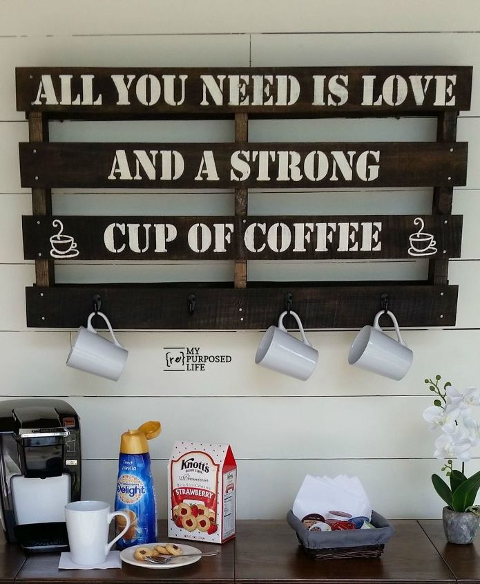 easy stenciled pallet sign coffee cup rack, crafts, pallet, repurposing upcycling