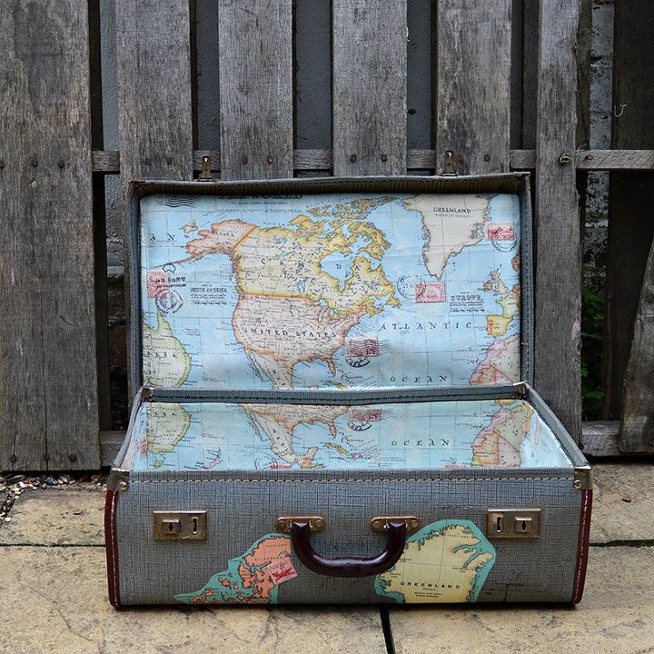 vintage map suitcase storage, crafts, decoupage, repurposing upcycling, storage ideas