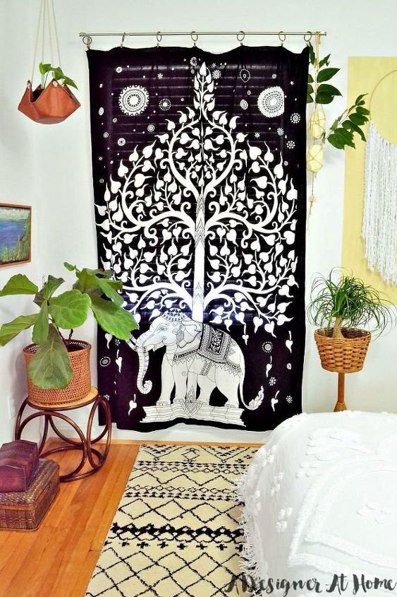 orderly bohemian bedroom, bedroom ideas, home decor, Elephant Tapestry Curtain Vintage Planters