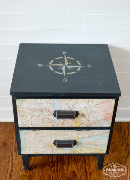 easy nightstand makeover using maps, decoupage, painted furniture