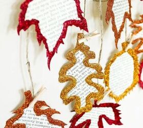 glittery book page fall leaves, crafts, seasonal holiday decor, thanksgiving decorations