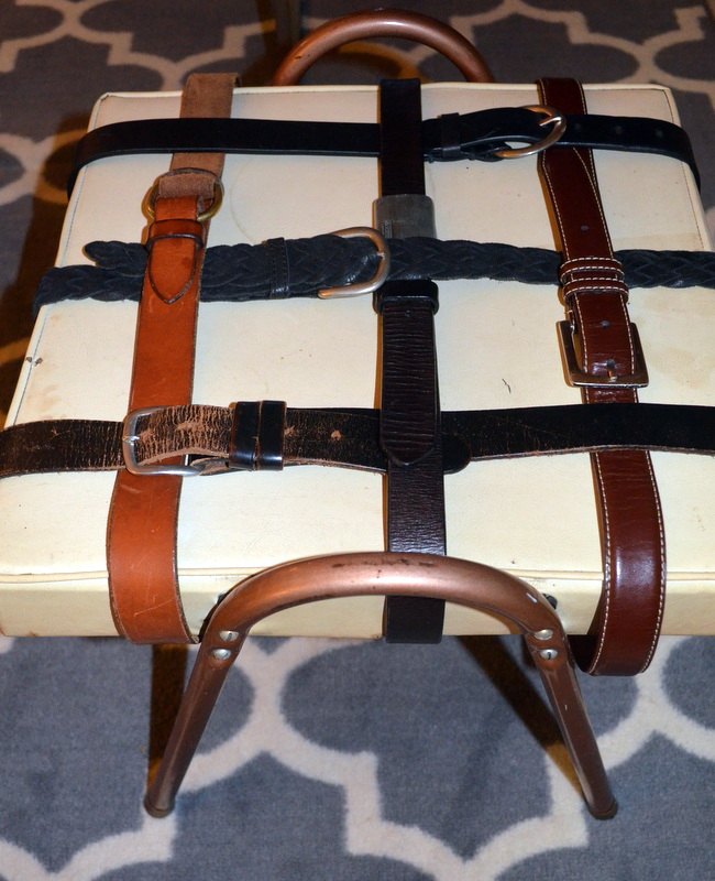 q mid century stool re vamp, painted furniture, repurposing upcycling, reupholster, Now it sits with these belts for me to get the feel of it this way To me it is mixing too many styles together