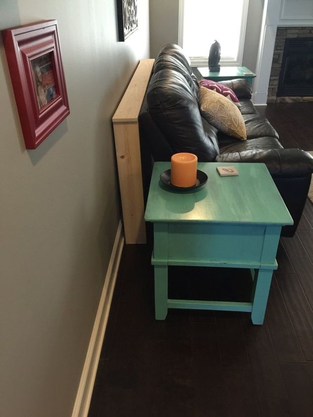 q sofa table yes or no, diy, home decor, living room ideas, painted furniture, woodworking projects, The blue table will be there but is it enough to block the view