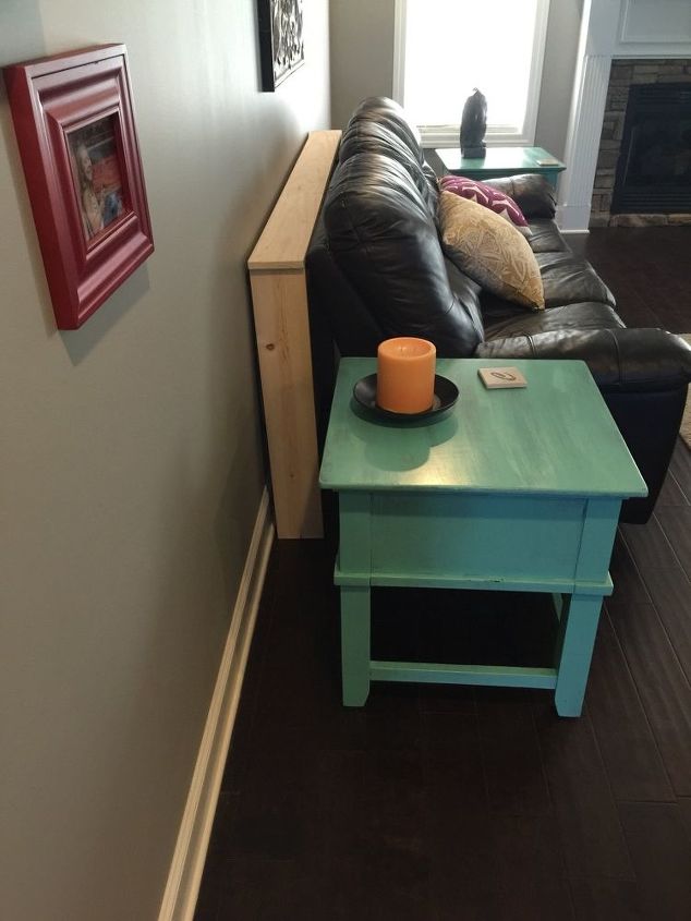 q sofa table yes or no, diy, home decor, living room ideas, painted furniture, woodworking projects, The blue table will be there but is it enough to block the view