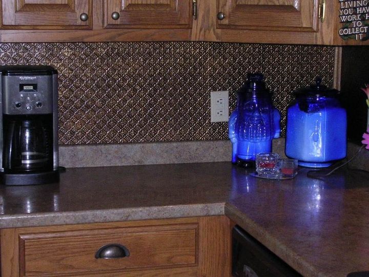 faux tin or copper backsplash diy on a budget with lots of photos