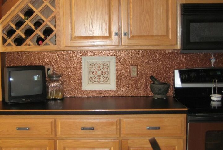 faux tin or copper backsplash diy on a budget with lots of photos