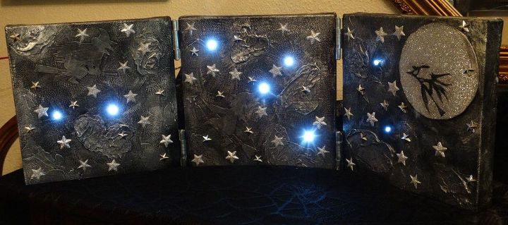 lighted halloween triptych made from resale shop canvases, crafts, halloween decorations, repurposing upcycling, seasonal holiday decor