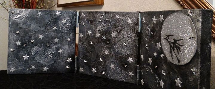 lighted halloween triptych made from resale shop canvases, crafts, halloween decorations, repurposing upcycling, seasonal holiday decor