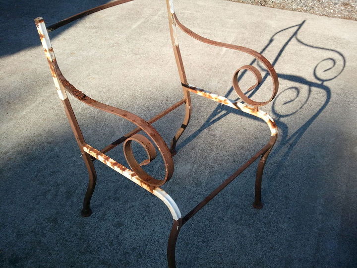 q seeking advice on how to replace seats backs on iron patio chairs, reupholstoring, reupholster, One of four iron patio chairs in need of new seats backs