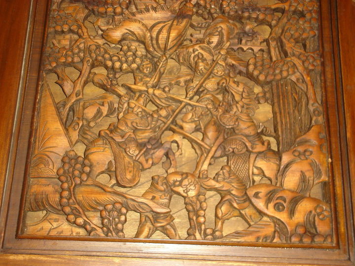 q seeking information on this carved table set, furniture id, painted furniture, top carving on one of the end tables