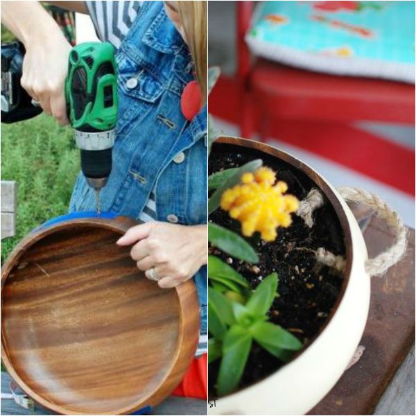 9 surprisingly awesome flips using just one power tool, Use a Wooden Salad Bowl as a Coastal Planter