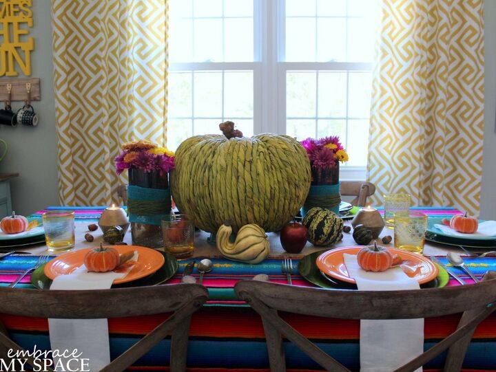 a colorful and eclectic fall tablescape, seasonal holiday decor