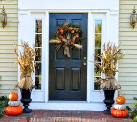 Harvest Front Door: Stacked Pumpkins and Corn Stalk Urns | Hometalk