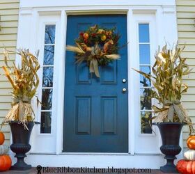 harvest front door stacked pumpkins and cornstalk urns, crafts, curb appeal, doors, porches, seasonal holiday decor, thanksgiving decorations