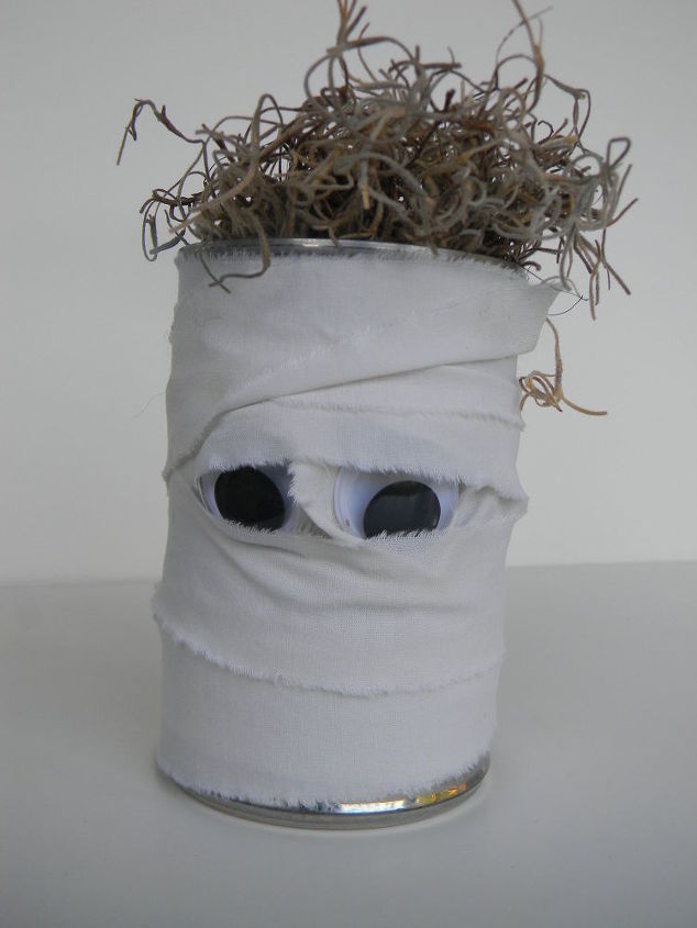 mummy treat cans from the recycling bin, crafts, halloween decorations, repurposing upcycling, seasonal holiday decor